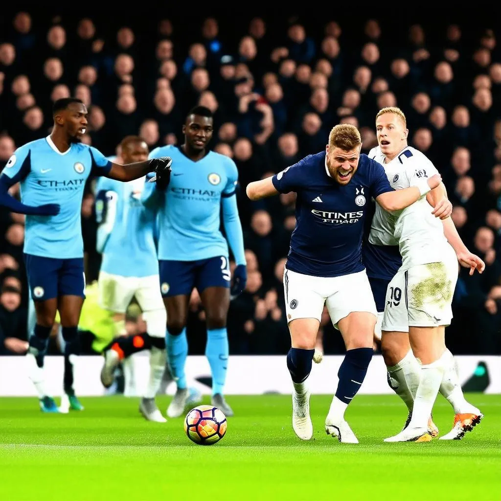 Các cầu thủ Tottenham và MC thi đấu hết mình