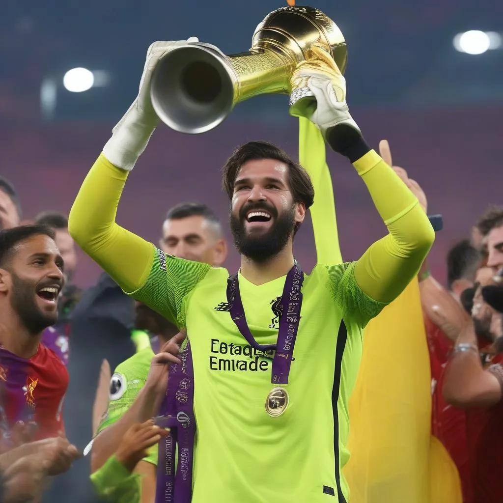 Alisson Becker, thủ môn của Liverpool, nâng cao chiếc cúp Champions League 2019