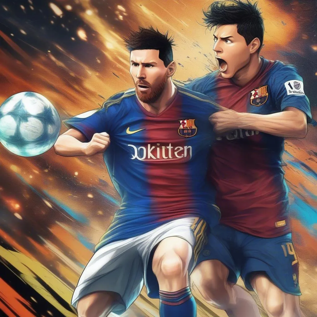 Messi và Ronaldo đối đầu trong trận chiến anime, thể hiện phong cách chơi bóng độc đáo, kỹ thuật và sức mạnh đỉnh cao.