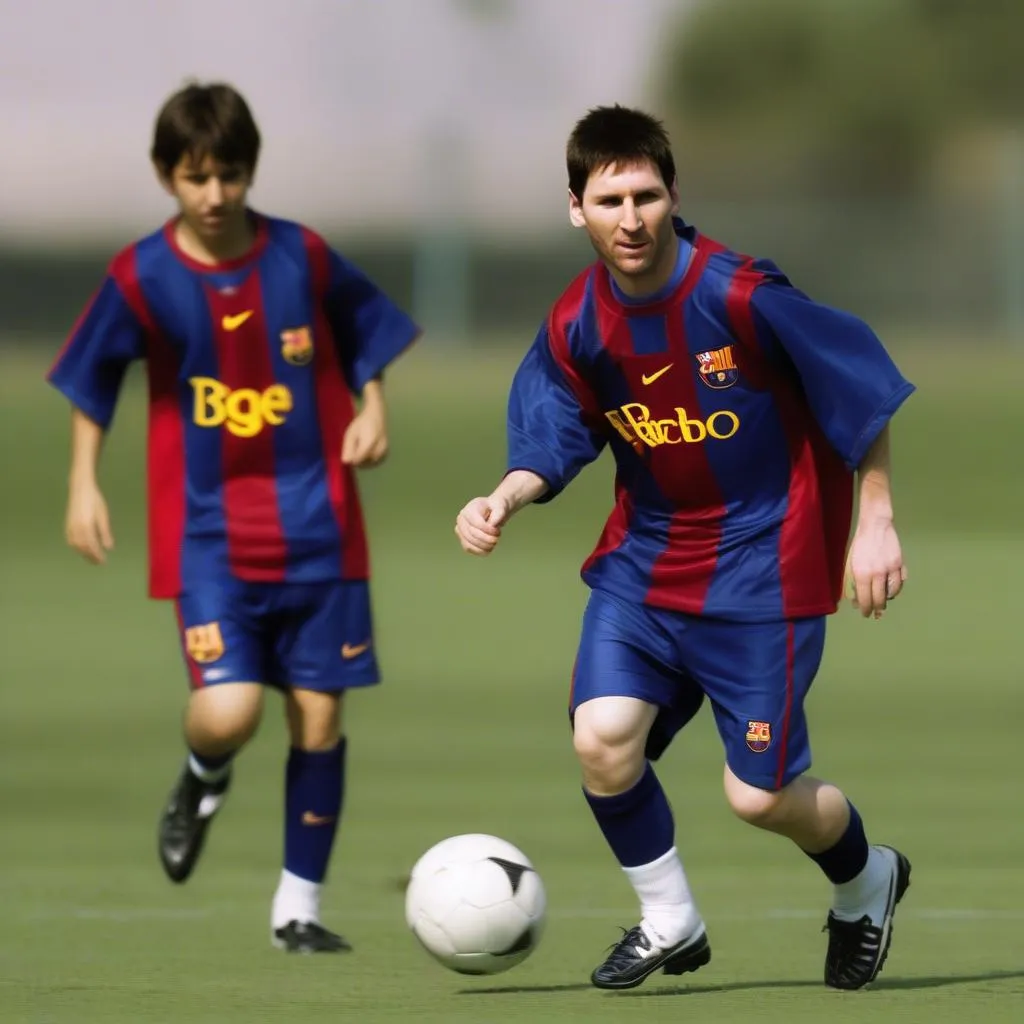 Áo bóng đá Messi Barcelona đầu tiên, với logo của CLB và số 30 - biểu tượng của một tài năng trẻ đầy triển vọng