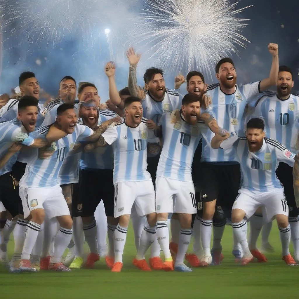 Messi và các đồng đội ăn mừng chức vô địch Copa America 2021