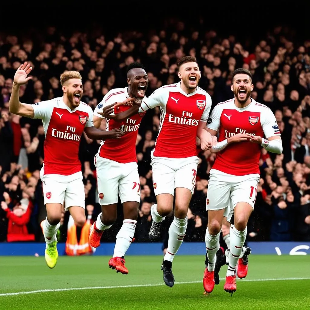 Cầu thủ Arsenal ăn mừng bàn thắng vào lưới Lyon