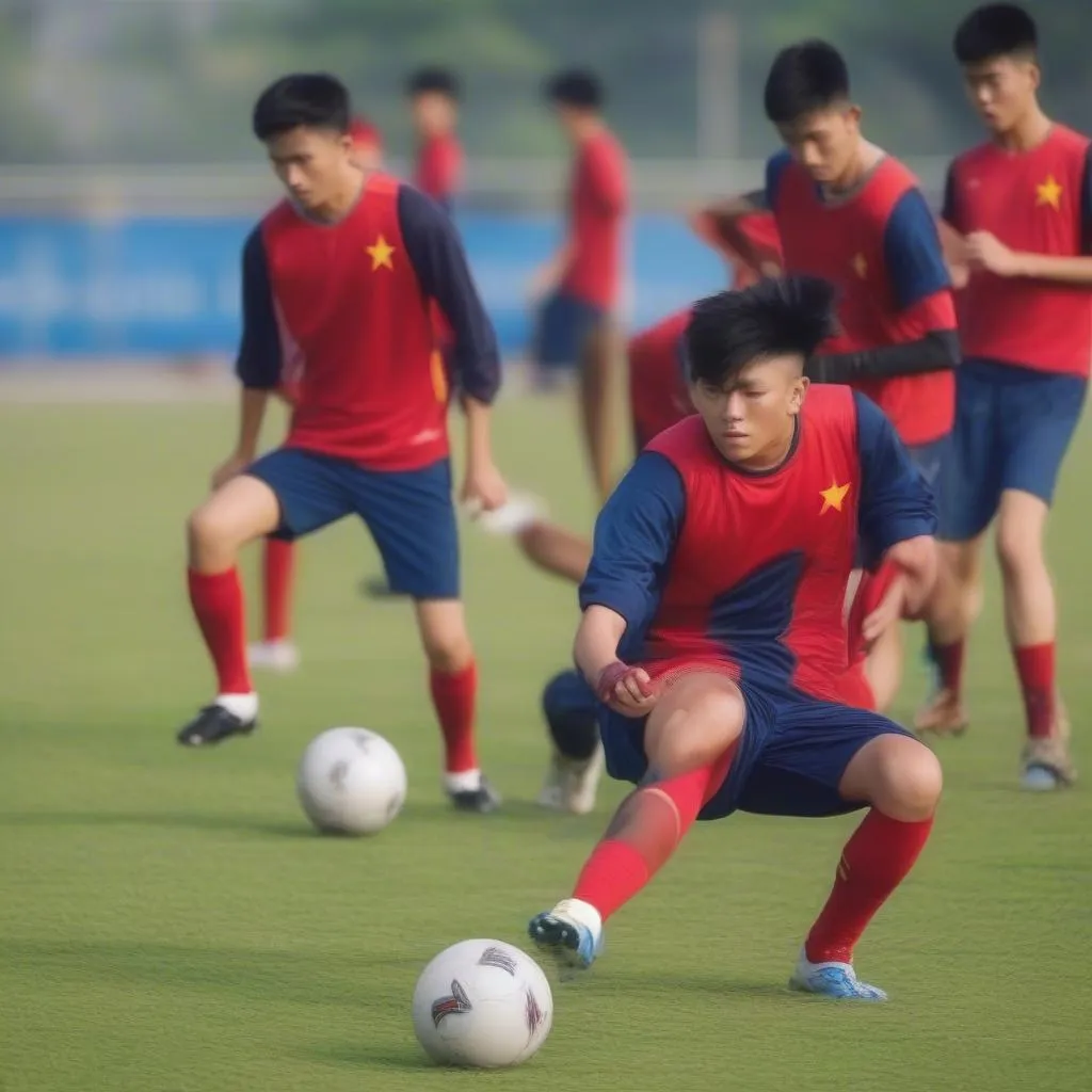 Các cầu thủ U19 Việt Nam tập luyện