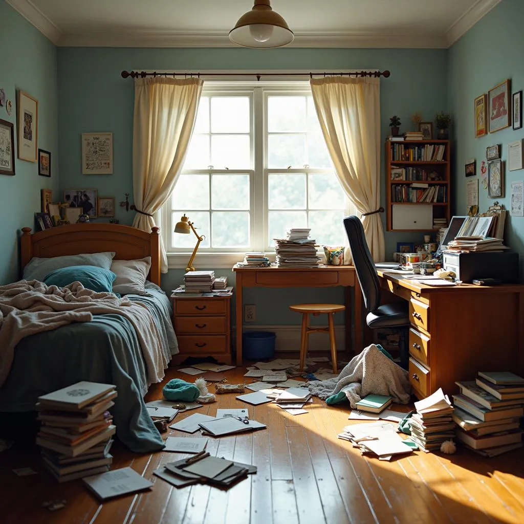 Messy bedroom with clothes, books, and papers scattered around