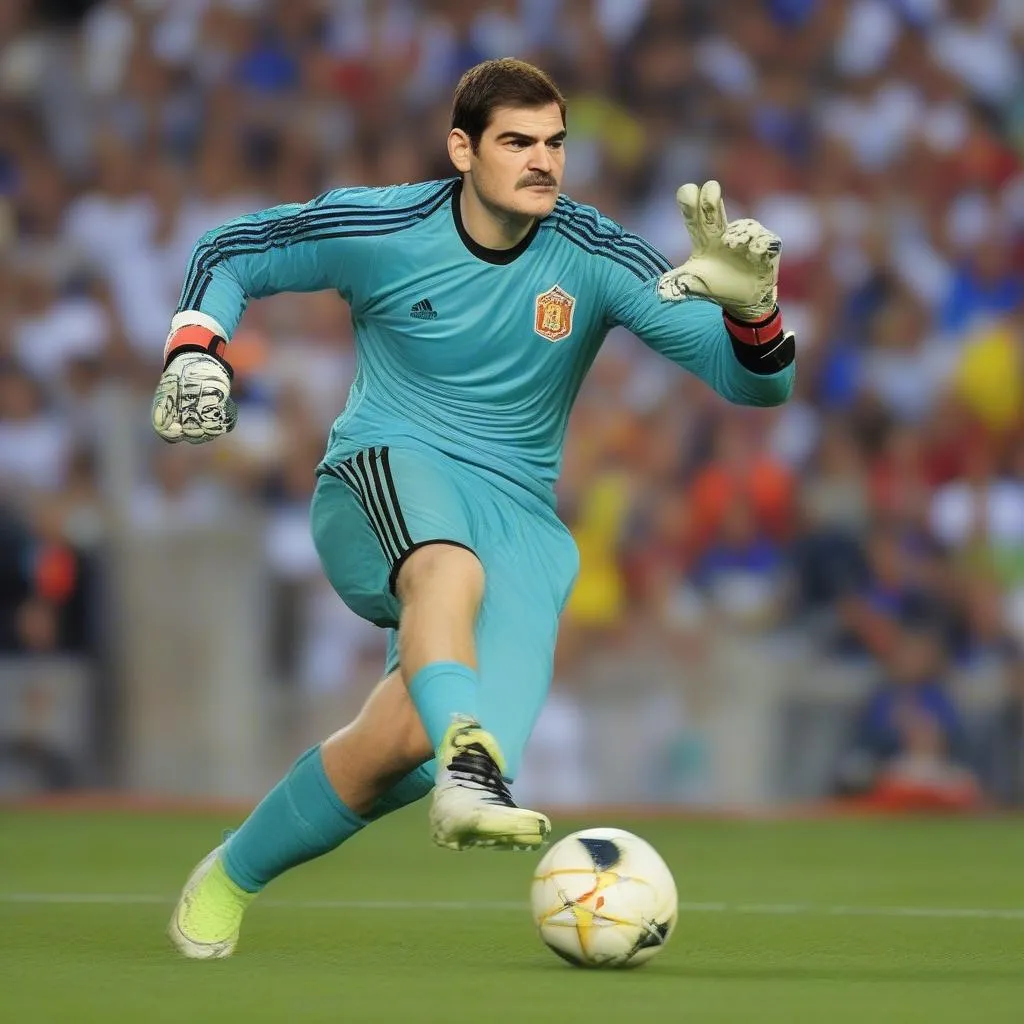 Hình ảnh Iker Casillas trên sân cỏ, một trong những thủ môn vĩ đại nhất mọi thời đại