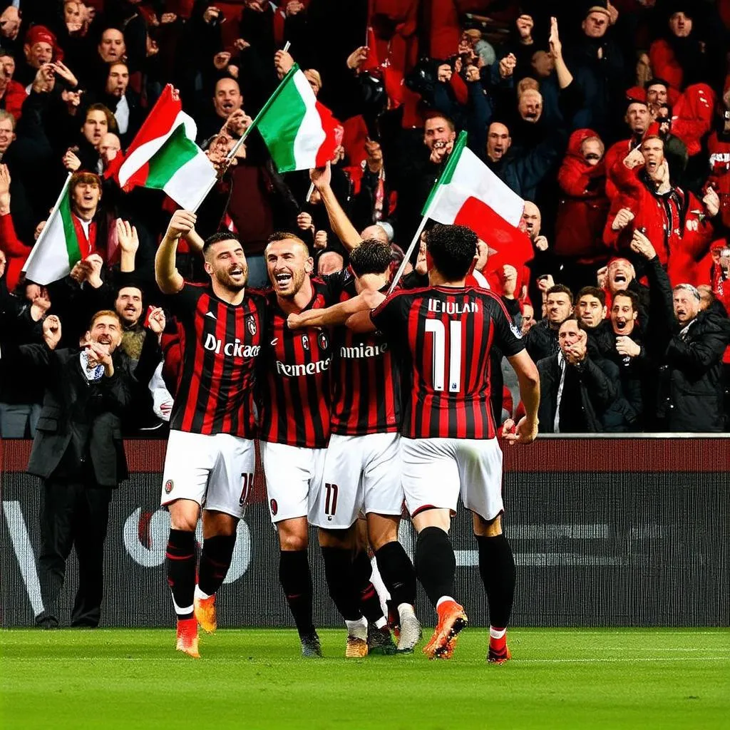 Cầu thủ AC Milan ăn mừng bàn thắng tại San Siro