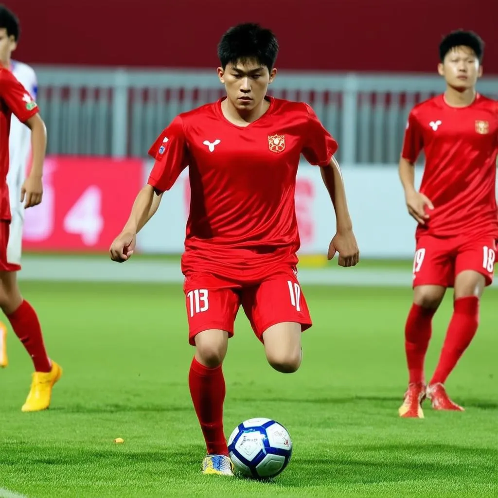 Cầu thủ U19 Việt Nam chạy bóng quyết liệt