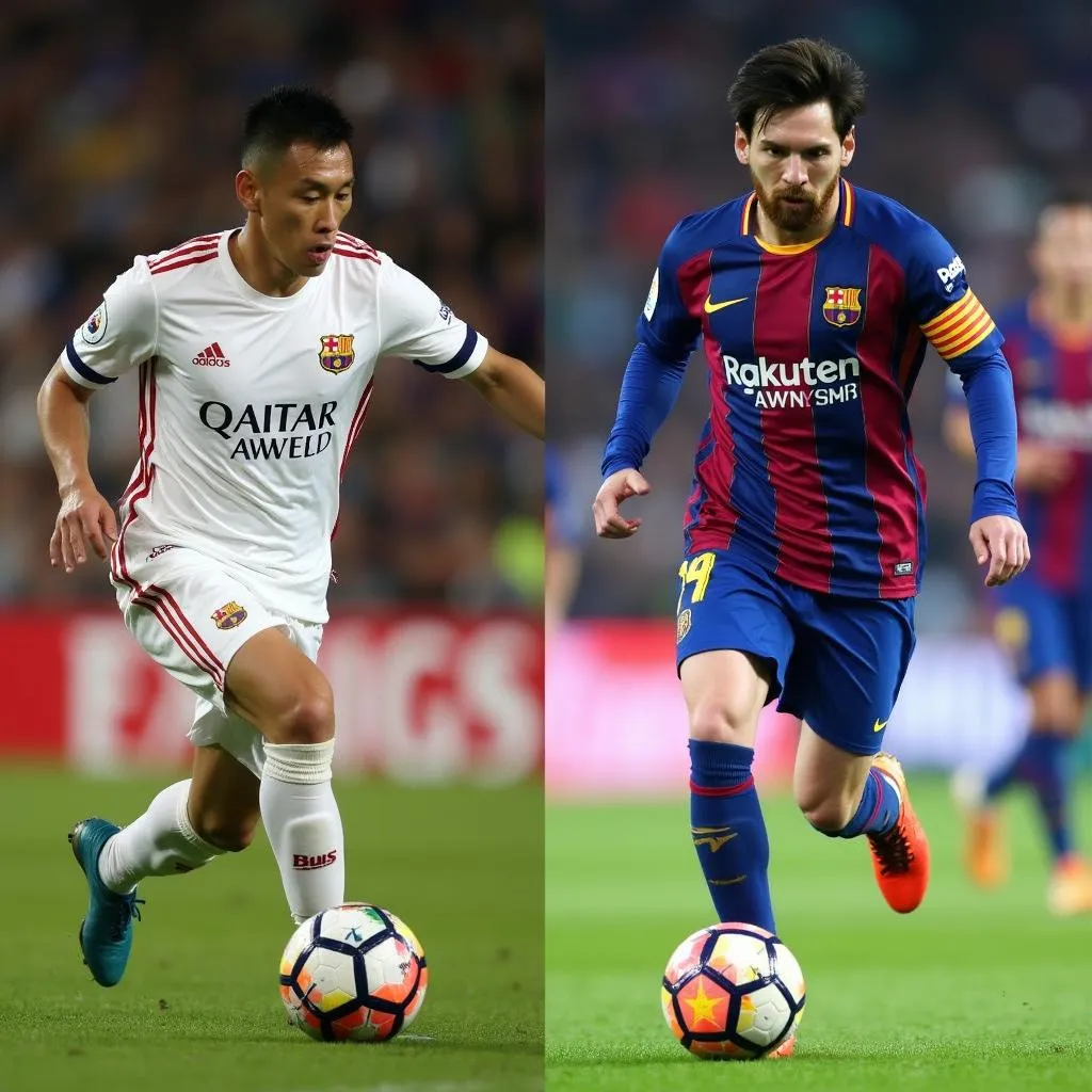 Công Phượng và Messi trong một pha tranh chấp bóng