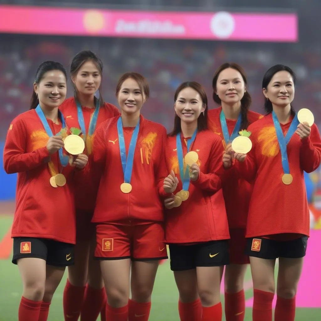 Hình ảnh đội tuyển bóng đá nữ Việt Nam trong lễ trao huy chương tại SEA Games 2019