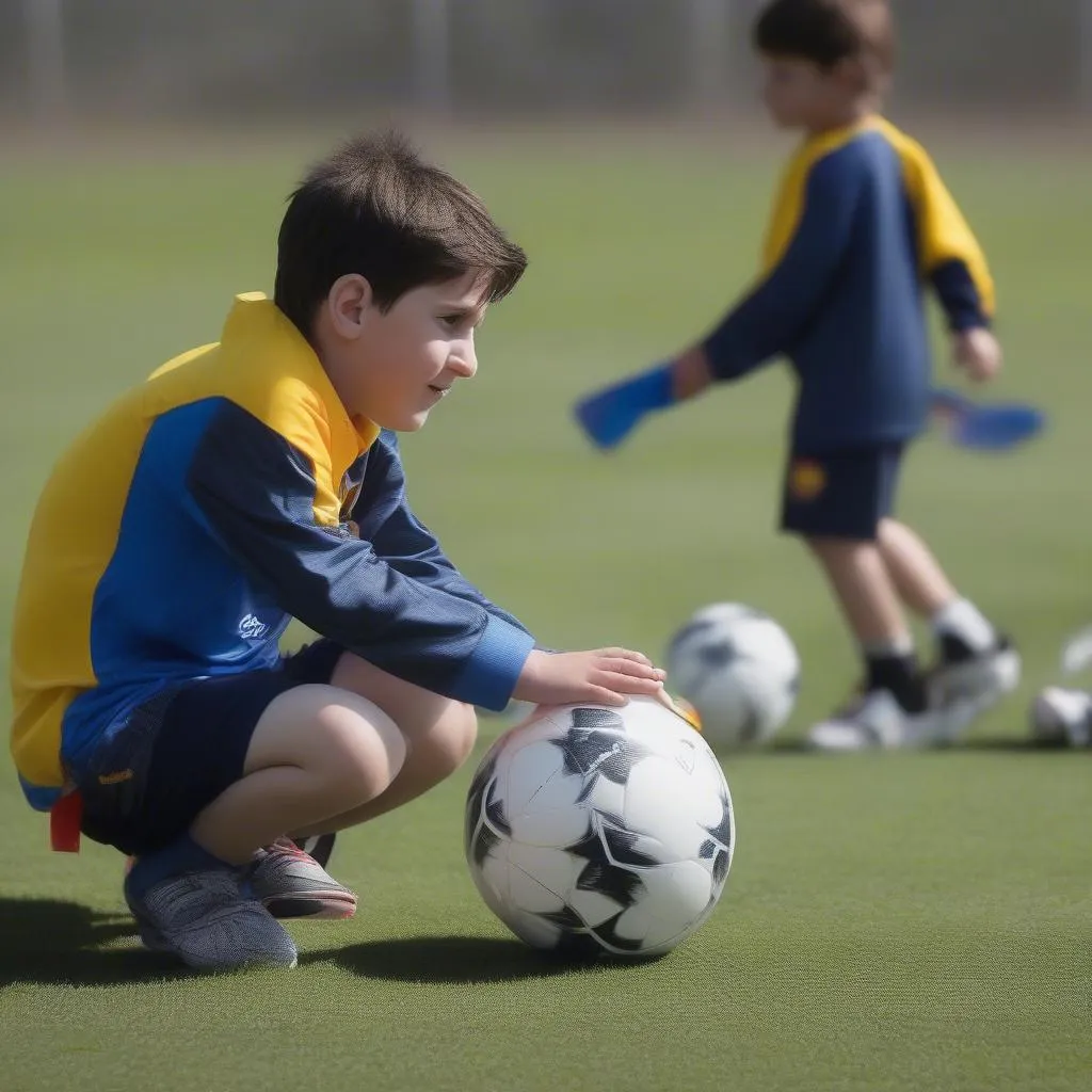 Enrique Messi, con trai của Lionel Messi, trên sân tập, tập luyện cùng các cầu thủ trẻ khác, thể hiện kỹ năng và niềm đam mê với môn thể thao vua.