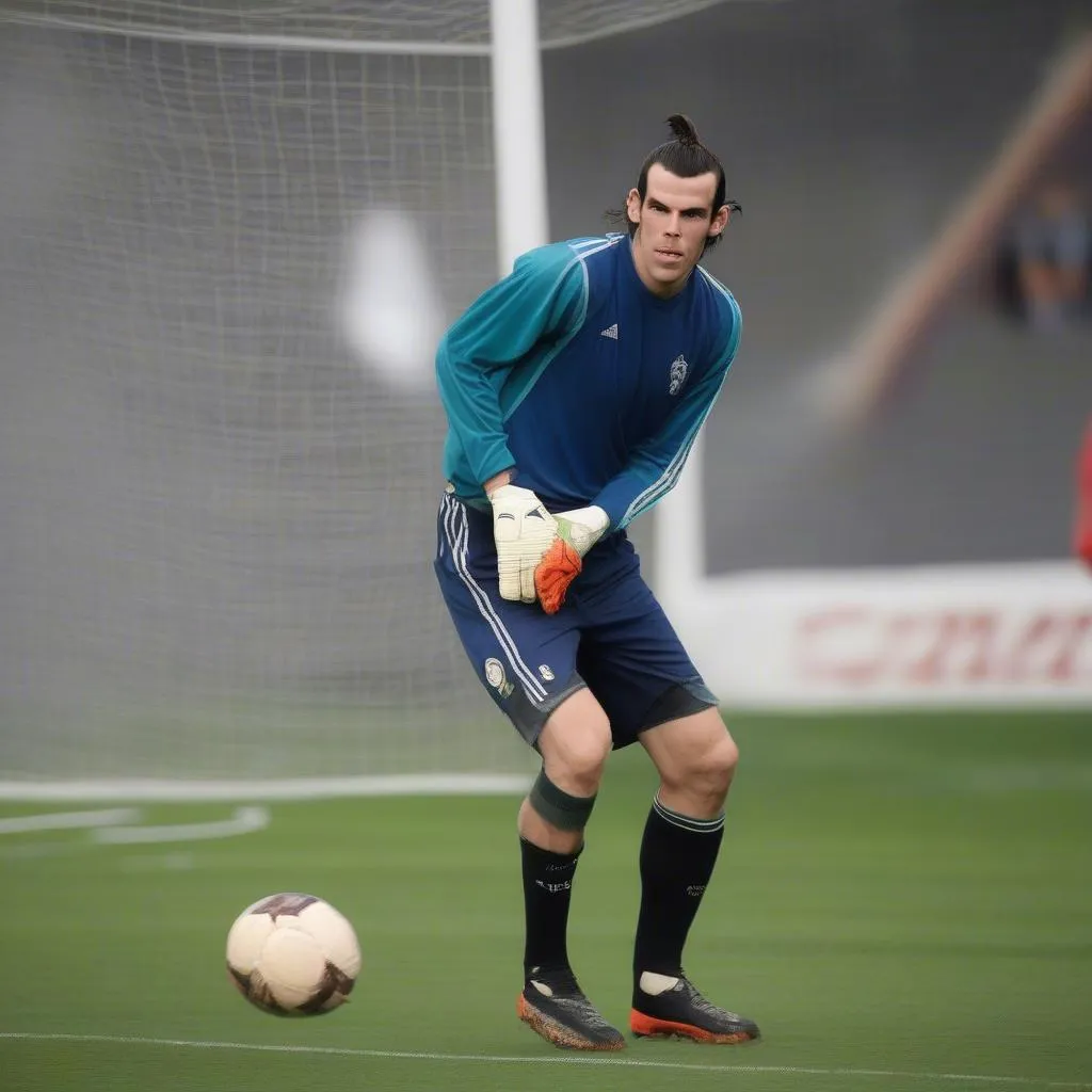 Gareth Bale thi đấu với vị trí thủ môn trong một trận đấu nghiệp dư.