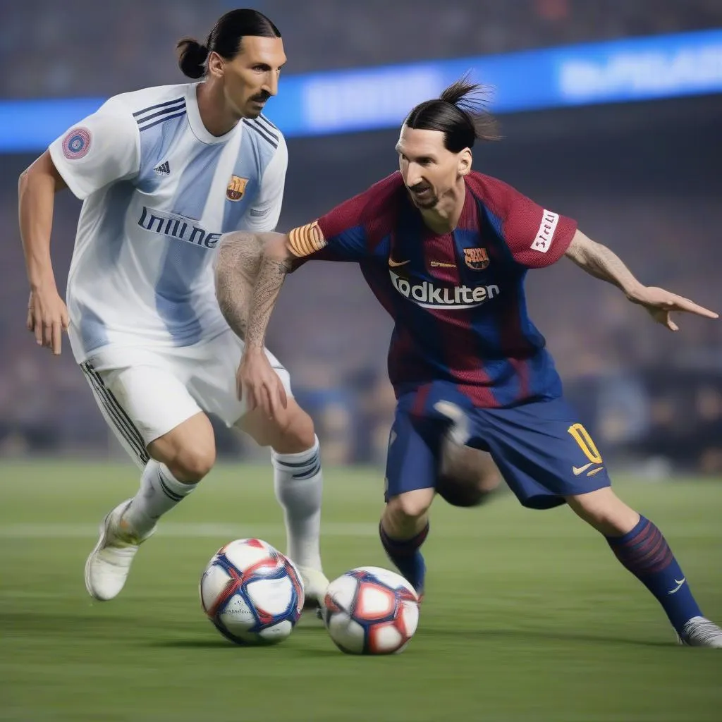 Hình ảnh Zlatan Ibrahimovic và Lionel Messi cùng thi đấu trên sân cỏ