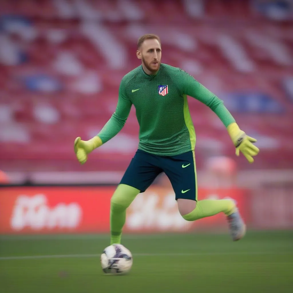 Jan Oblak, thủ môn xuất sắc của Atletico Madrid, đang tập luyện trên sân