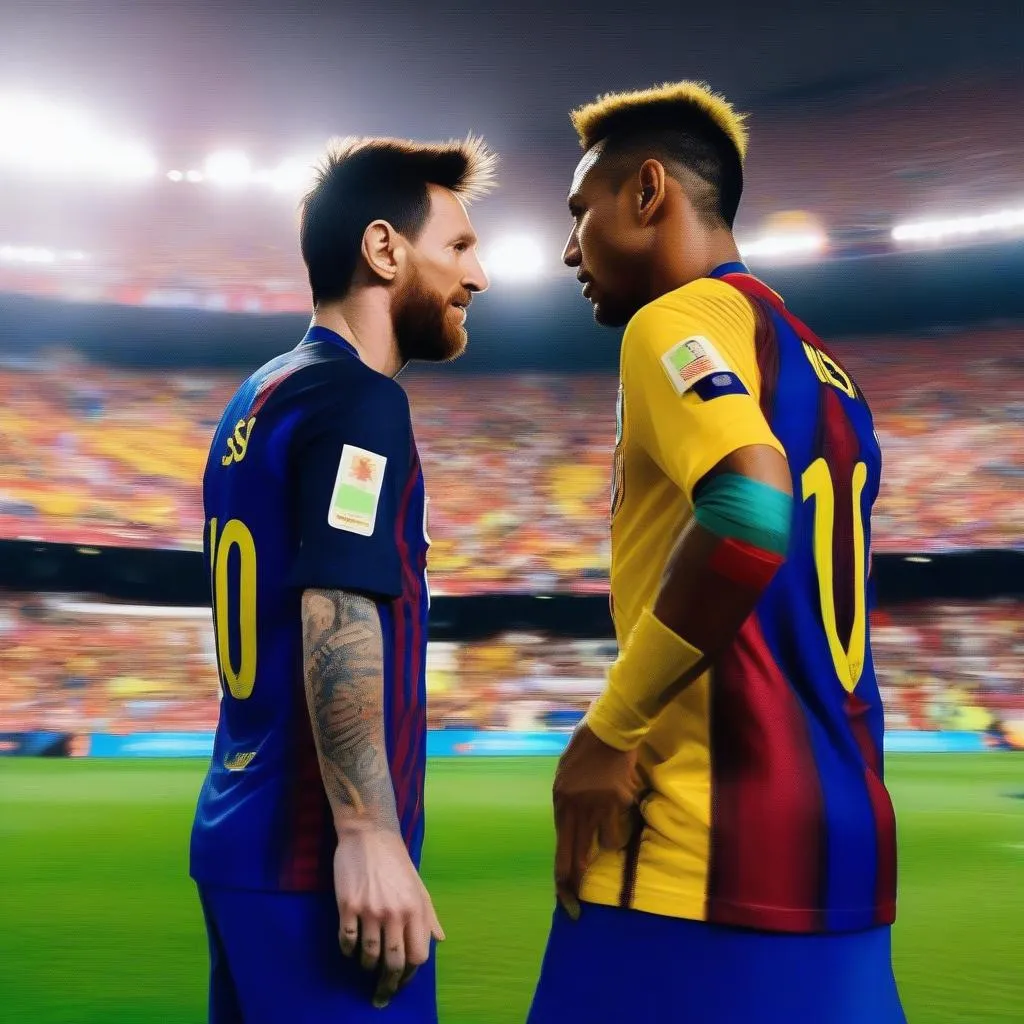 Hình ảnh Lionel Messi và Neymar đối mặt nhau trong trận đấu