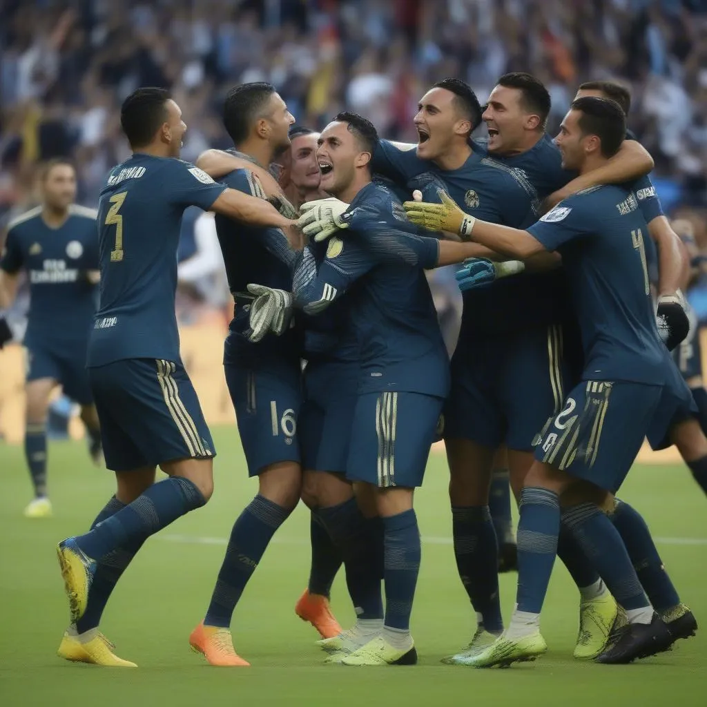 Keylor Navas ăn mừng bàn thắng cùng đồng đội