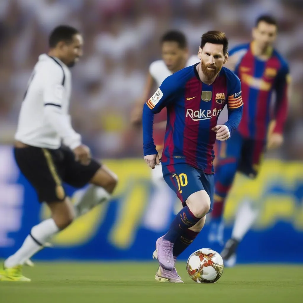 Lionel Messi đi bóng qua các cầu thủ