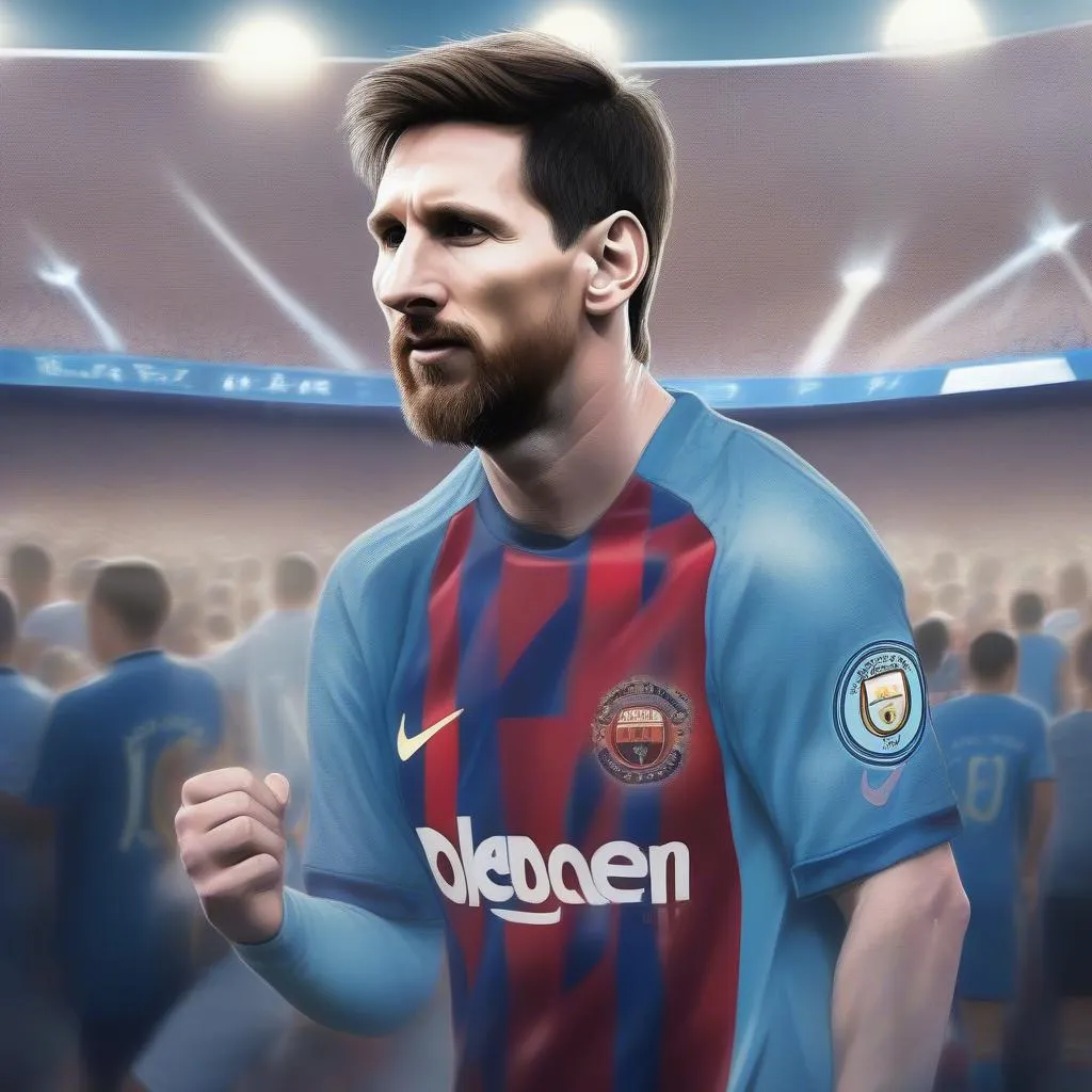 Lionel Messi in Man City jersey