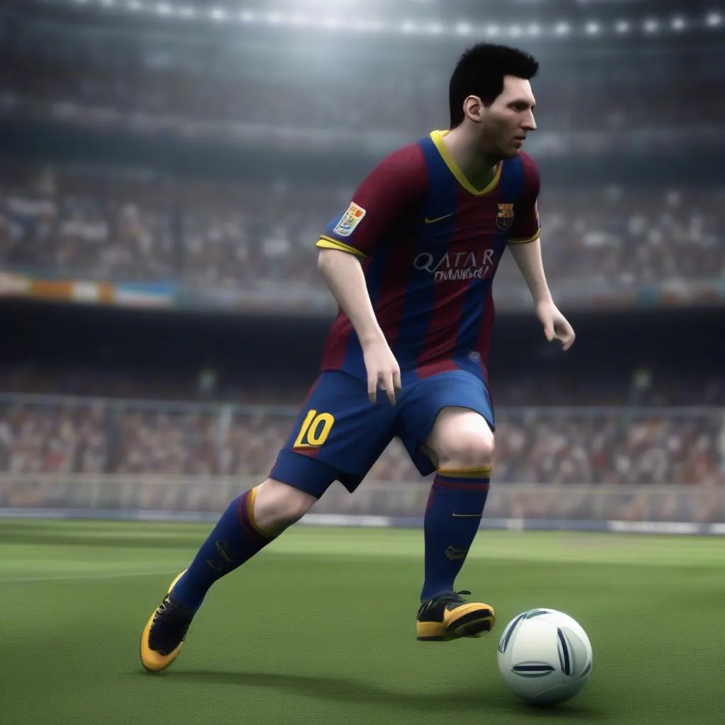 Hình ảnh Messi 2008 đang thực hiện một pha đi bóng kỹ thuật trên FIFA Online 3, tạo cơ hội ghi bàn cho đội bóng.