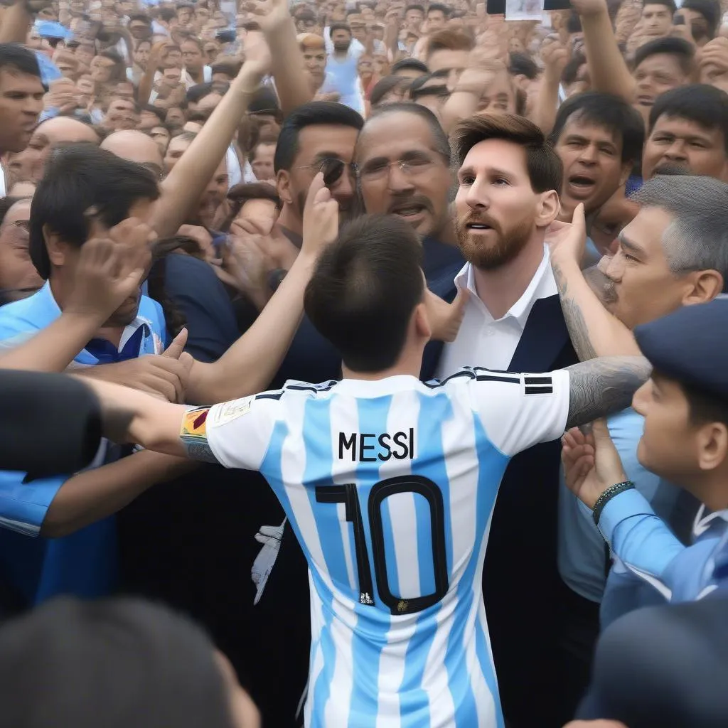 Lionel Messi interacting with fans after a World Cup game