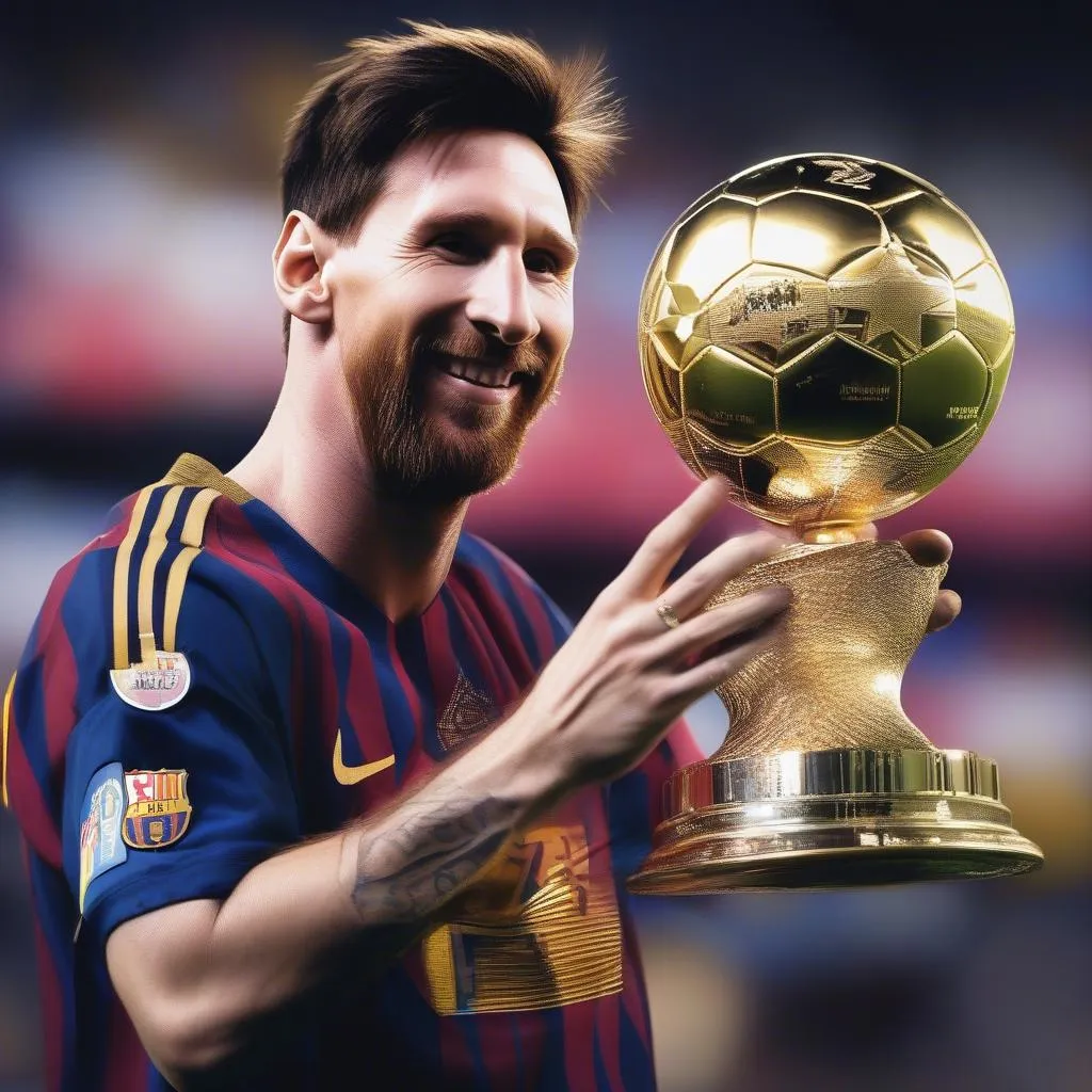 Lionel Messi holding the Golden Ball trophy, a testament to his brilliance