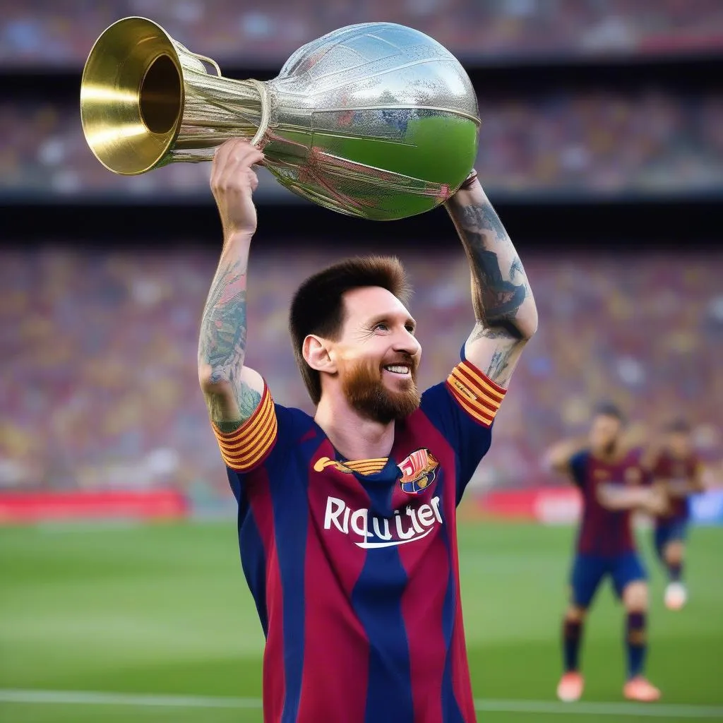 Lionel Messi lifting the La Liga trophy, showcasing his dominance in Spanish football