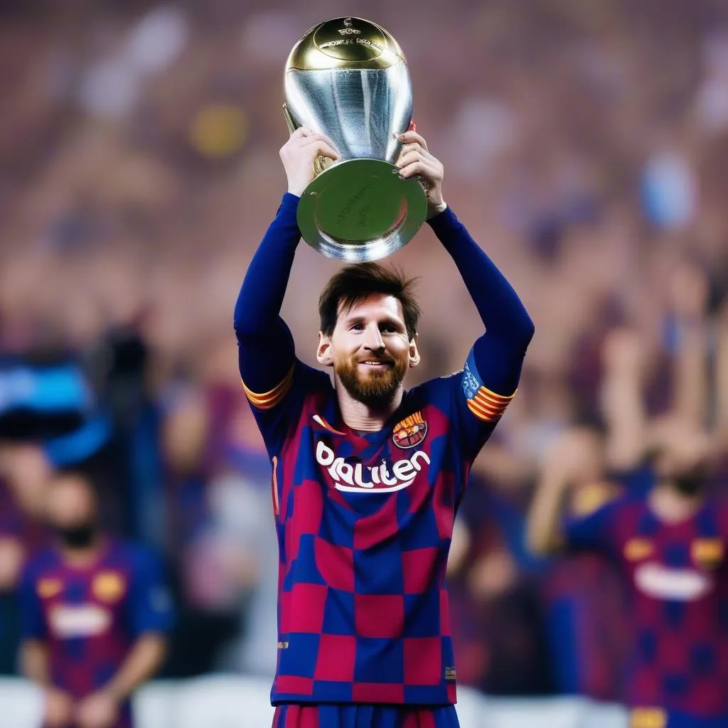 Hình ảnh Messi trong màu áo Barcelona, nâng cao chiếc cúp Champions League