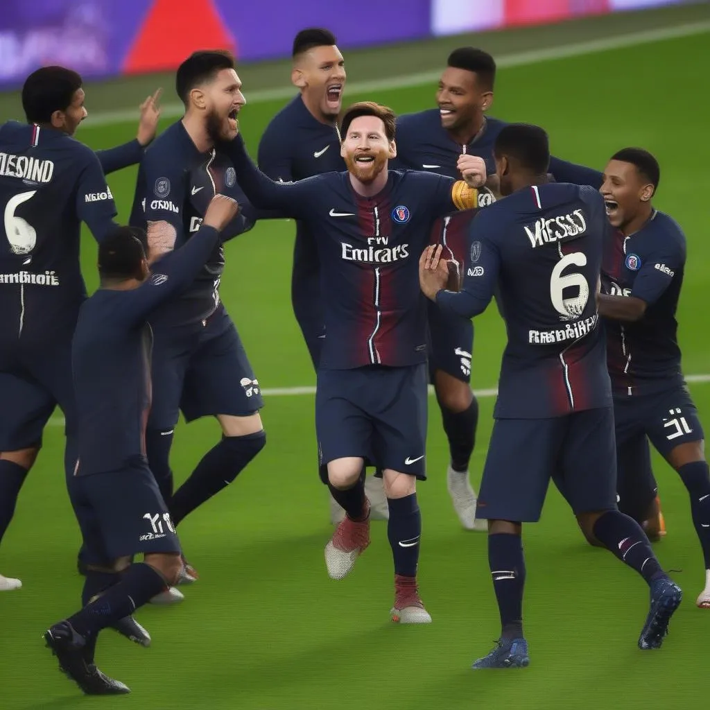 Messi ăn mừng bàn thắng cùng đồng đội PSG