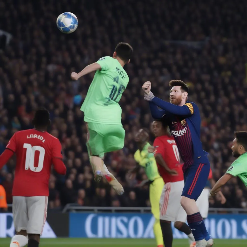 Messi đánh đầu vào lưới MU trong trận đấu UEFA Champions League 2019