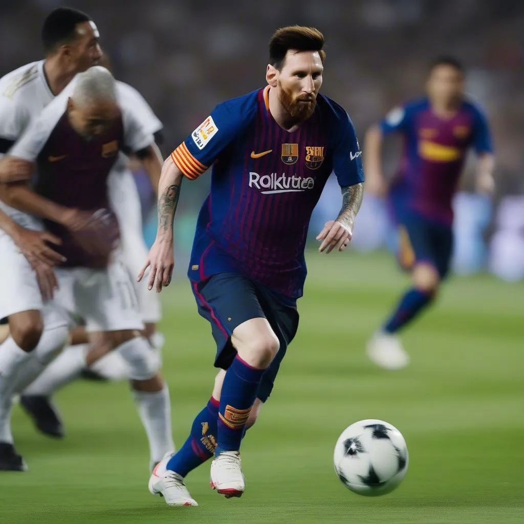 Messi đi bóng qua các hậu vệ