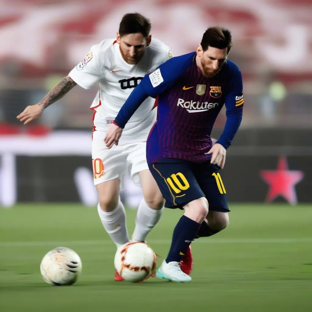 Messi đi bóng qua hậu vệ Sevilla