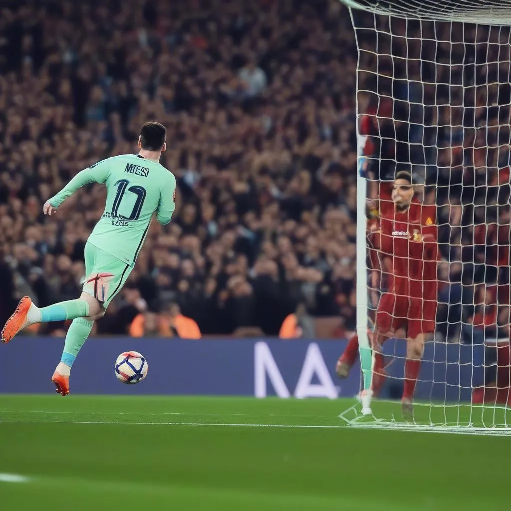 Messi sút phạt vào lưới Liverpool ở Champions League 2019