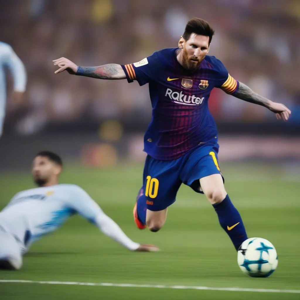 Hình ảnh Lionel Messi ghi bàn trong màu áo Barcelona, thể hiện sự khéo léo, tinh tế và kỹ thuật điêu luyện của một thiên tài bóng đá.