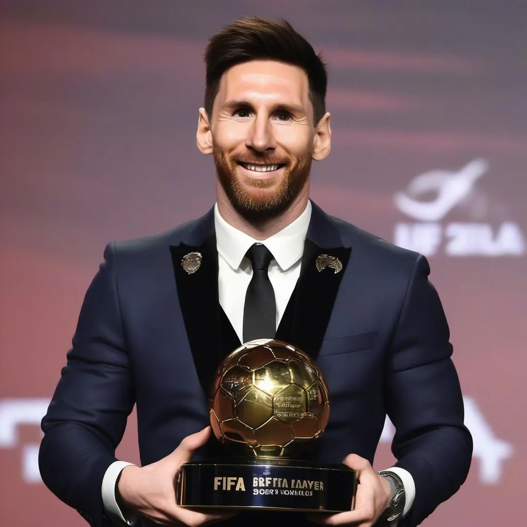 Messi giơ cao tay chạm cúp cầu thủ xuất sắc nhất