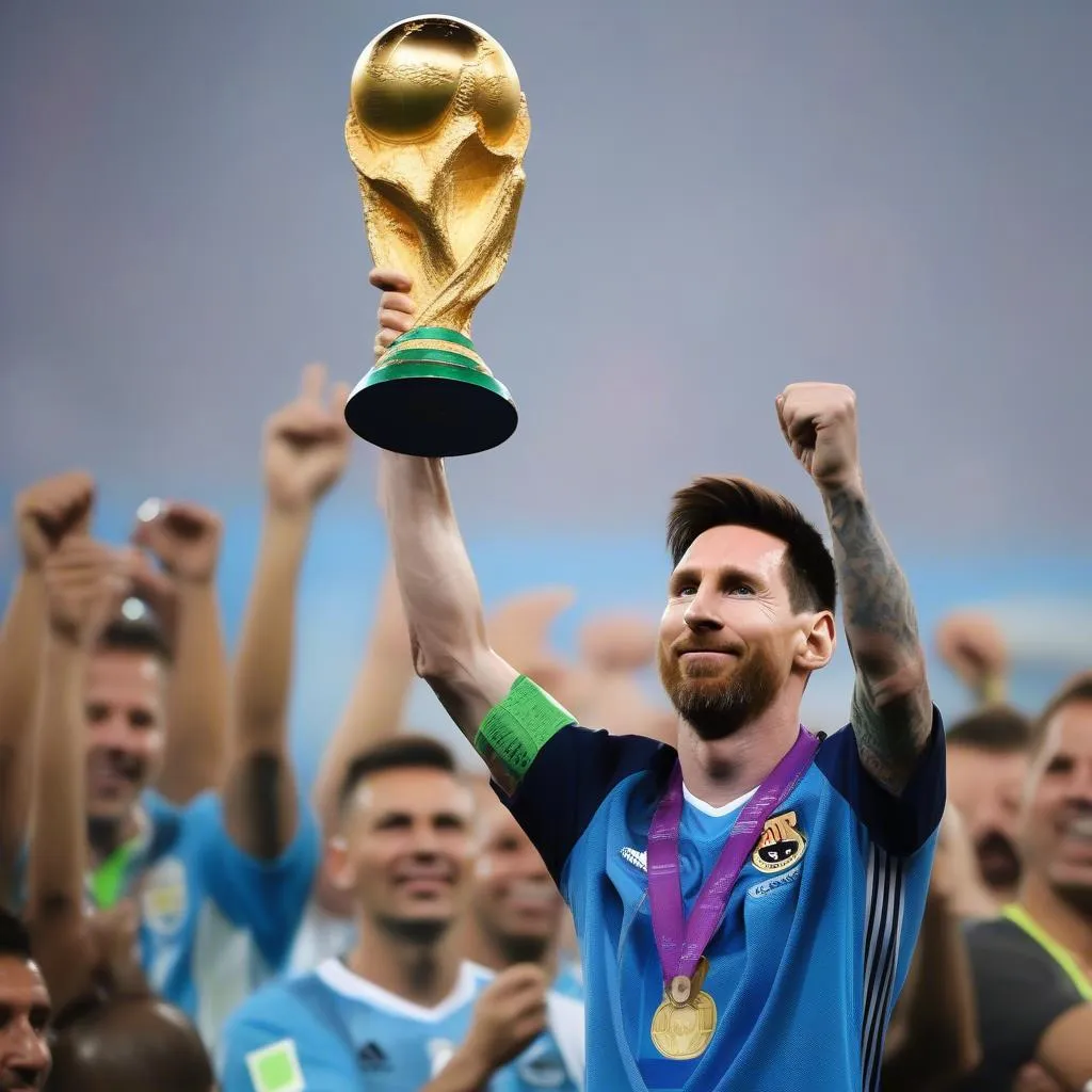 Hình ảnh Lionel Messi nâng cao chiếc cúp vàng World Cup 2022