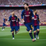 Hình ảnh Lionel Messi trên sân Camp Nou với biểu tượng CLB Barcelona