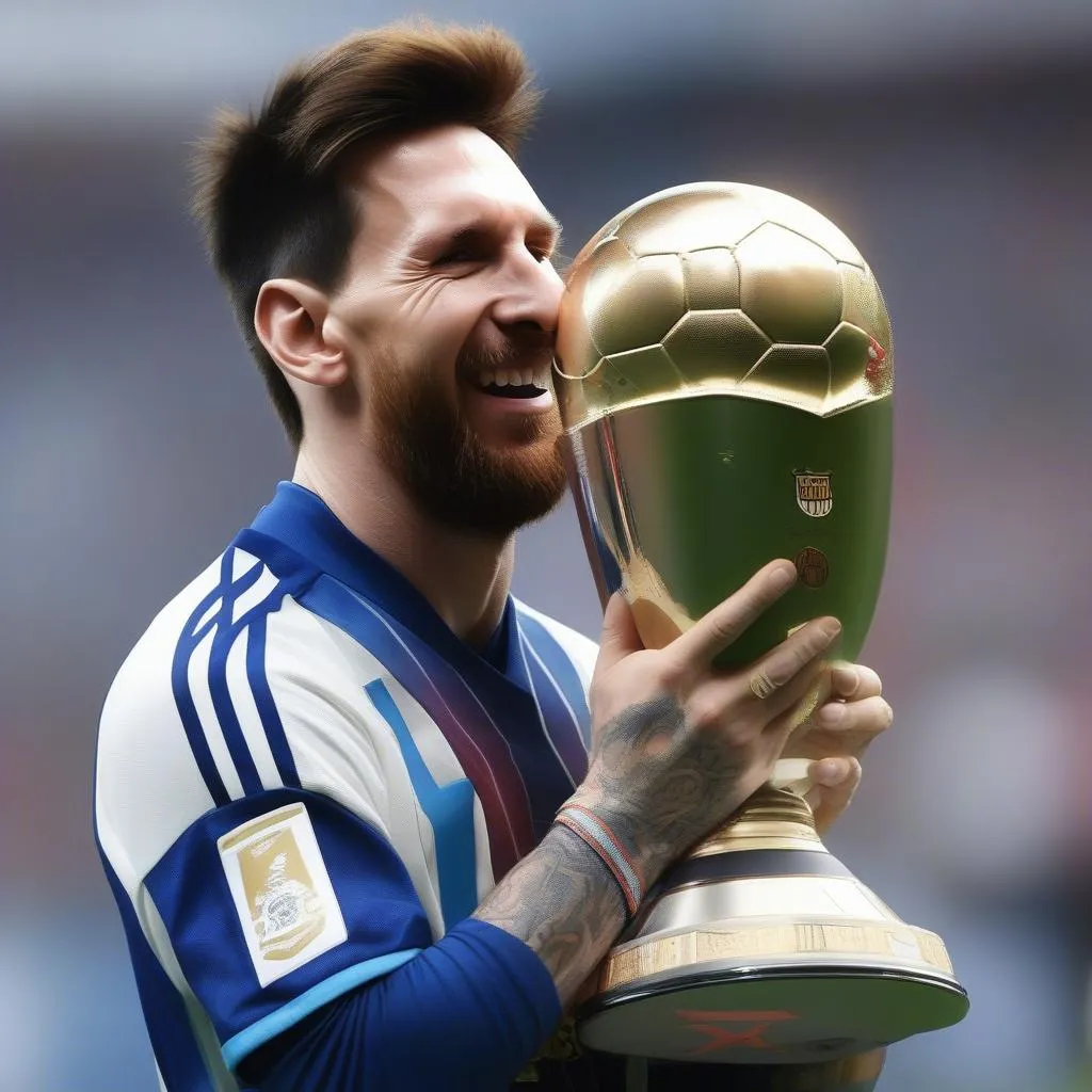 Hình ảnh Messi đang nâng cao chiếc cúp vô địch