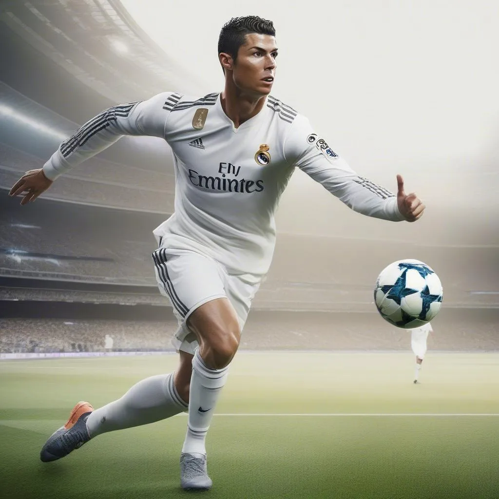 Hình ảnh Cristiano Ronaldo trong màu áo Real Madrid với một cú sút uy lực