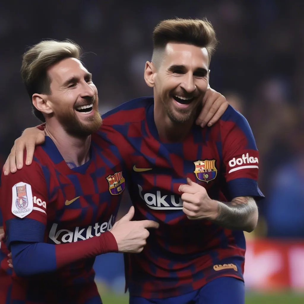 Messi và Griezmann ăn mừng bàn thắng