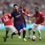 Messi đi bóng qua hàng thủ MU