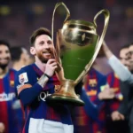 Hình ảnh Messi nâng cao cúp Champions League, thể hiện sự thống trị của Barca trên đấu trường châu Âu