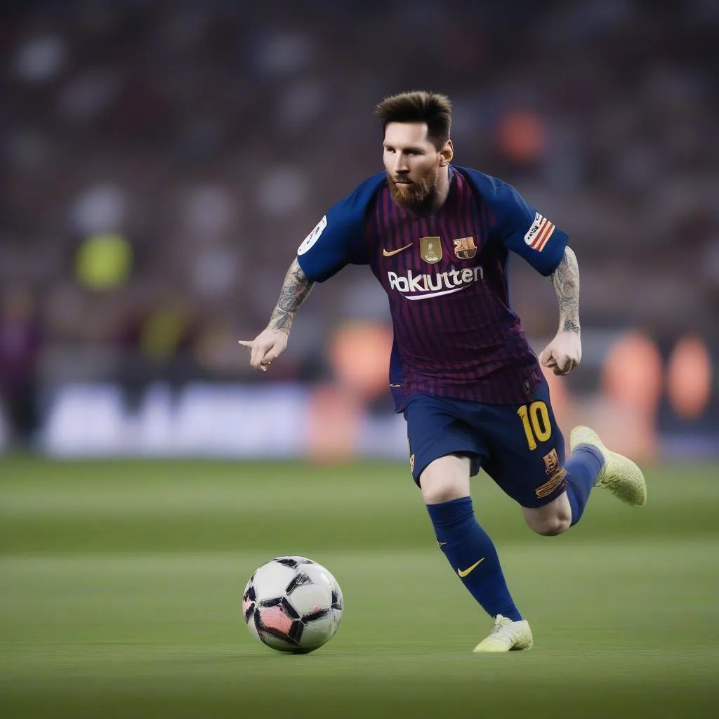 Messi đang thực hiện một pha xử lý bóng đầy kỹ thuật