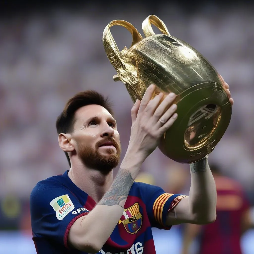 Lionel Messi với chiếc cúp La Liga, biểu tượng cho sự thống trị của anh ấy tại giải đấu này.