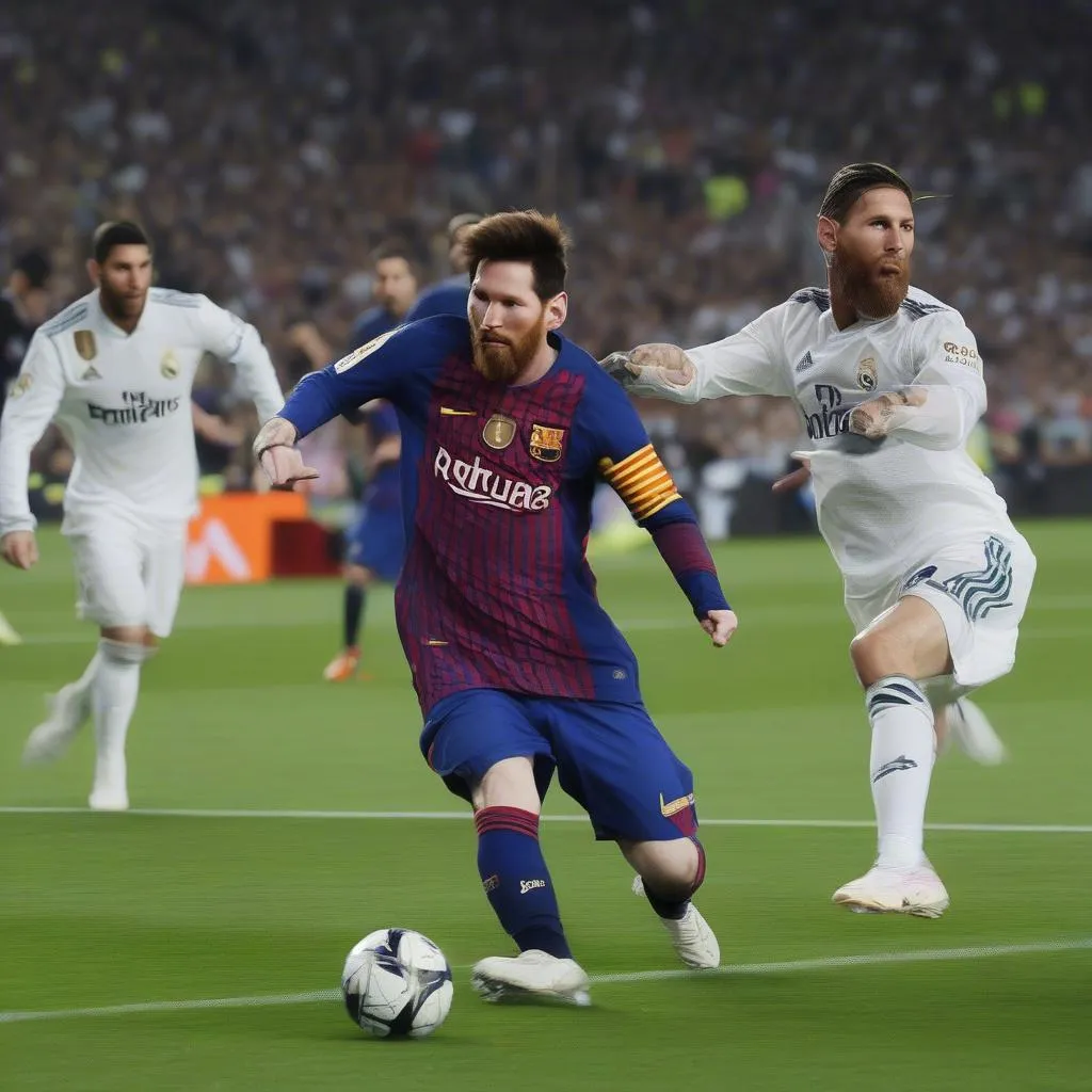 Messi ghi bàn vào lưới của Real Madrid, nơi Sergio Ramos đang thi đấu