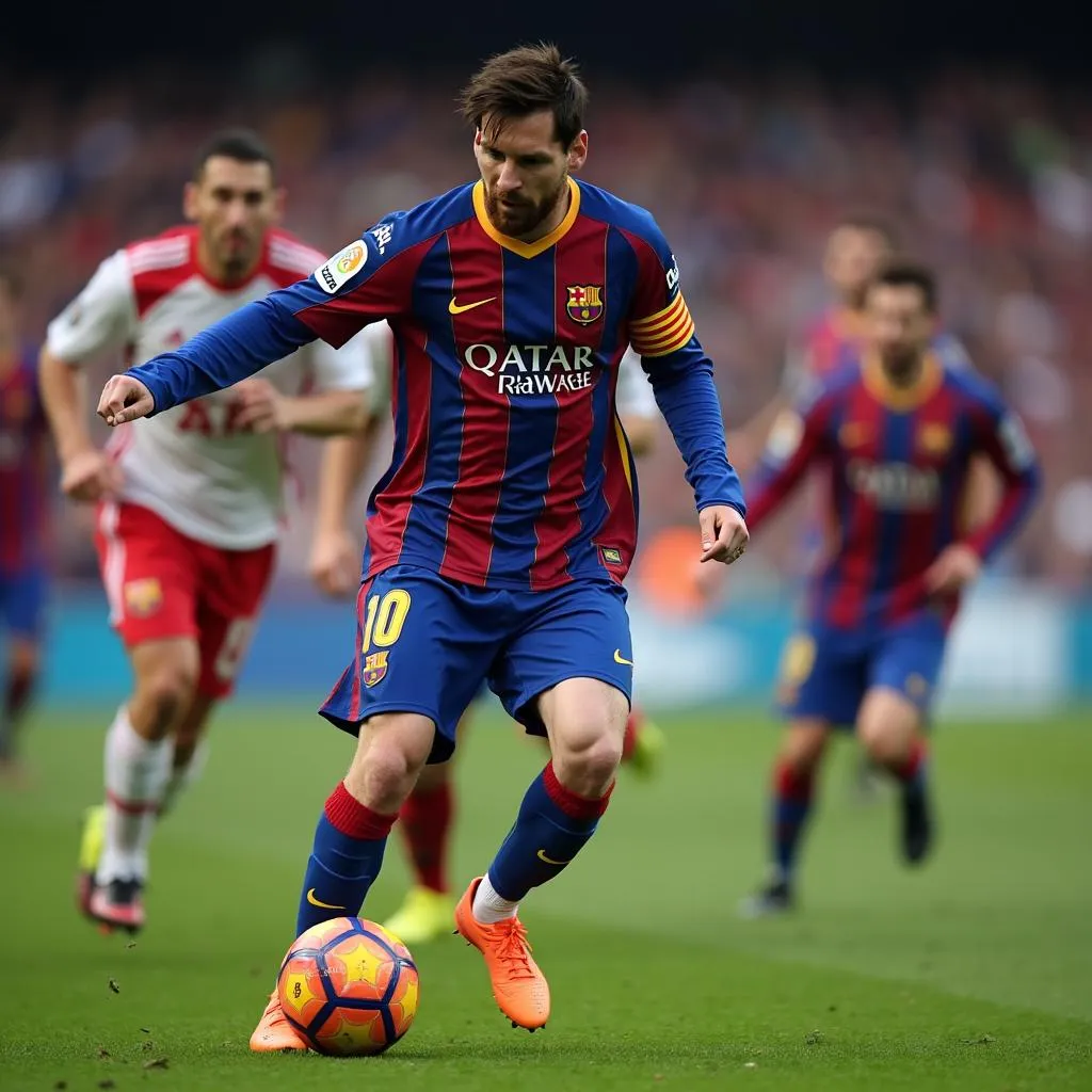 Lionel Messi đi bóng qua hàng thủ đối phương