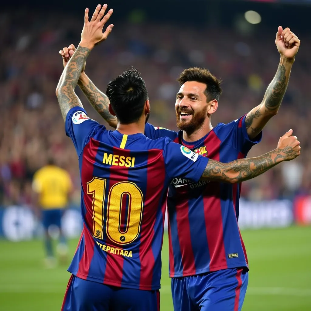 Messi và Neymar ăn mừng bàn thắng