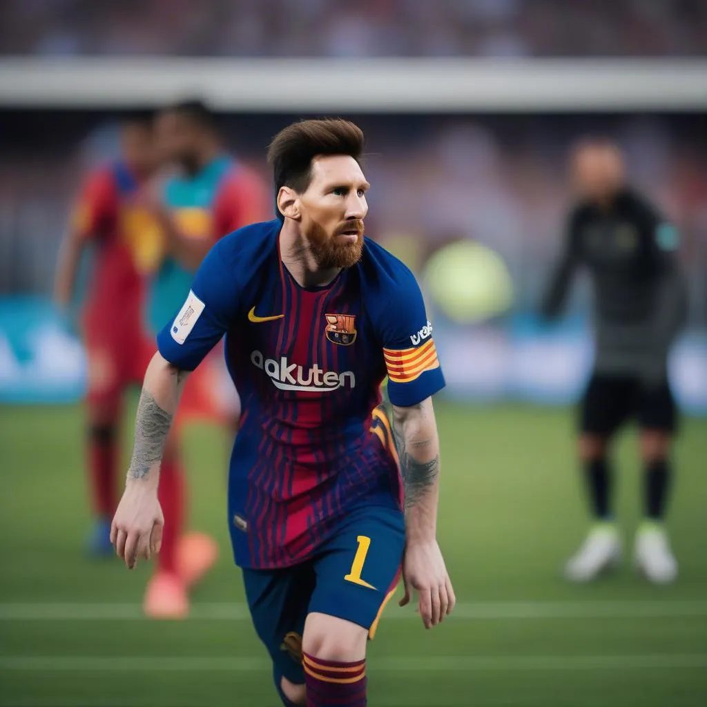 Messi nhìn đối thủ trong trận đấu