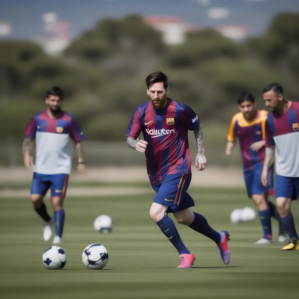 Hình ảnh Messi tập luyện với tinh thần tập trung cao độ. Điều này thể hiện sự tâm huyết và đam mê bóng đá của anh