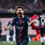 Lionel Messi celebrating a goal for PSG during a Ligue 1 match. The photo shows Messi raising his arms in victory after scoring a goal.