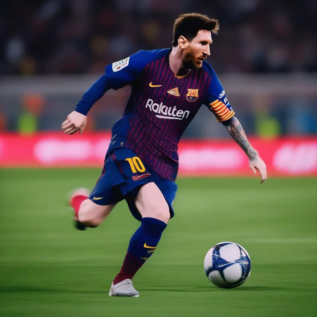 Hình ảnh Messi trong trận đấu, thể hiện kỹ năng đi bóng và dứt điểm