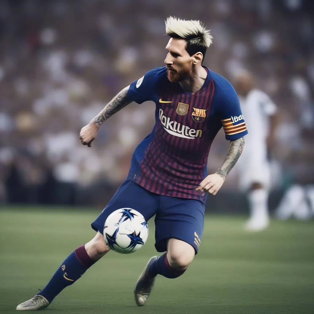 Messi với mái tóc vàng kim trên sân cỏ